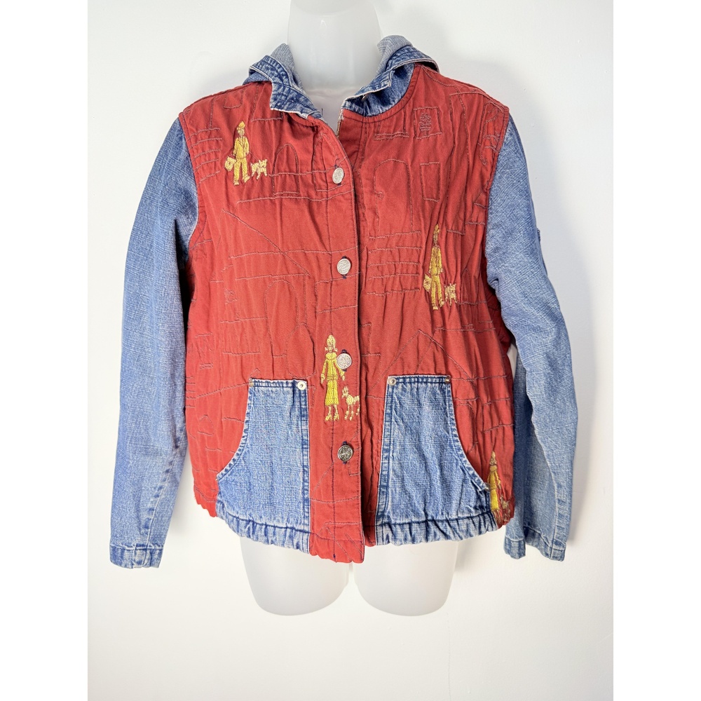 Monterey Bay Womens Red Blue Quilted Animal Print Denim Hooded Jacket Medium